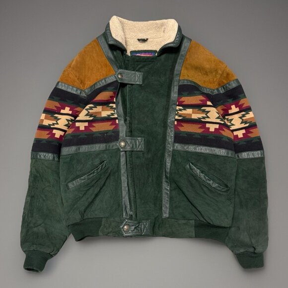 VTG Cripple Creek Jacket Mens XL Green Leather Suede Sherpa Coat Aztec 25x28.5 - Picture 1 of 16